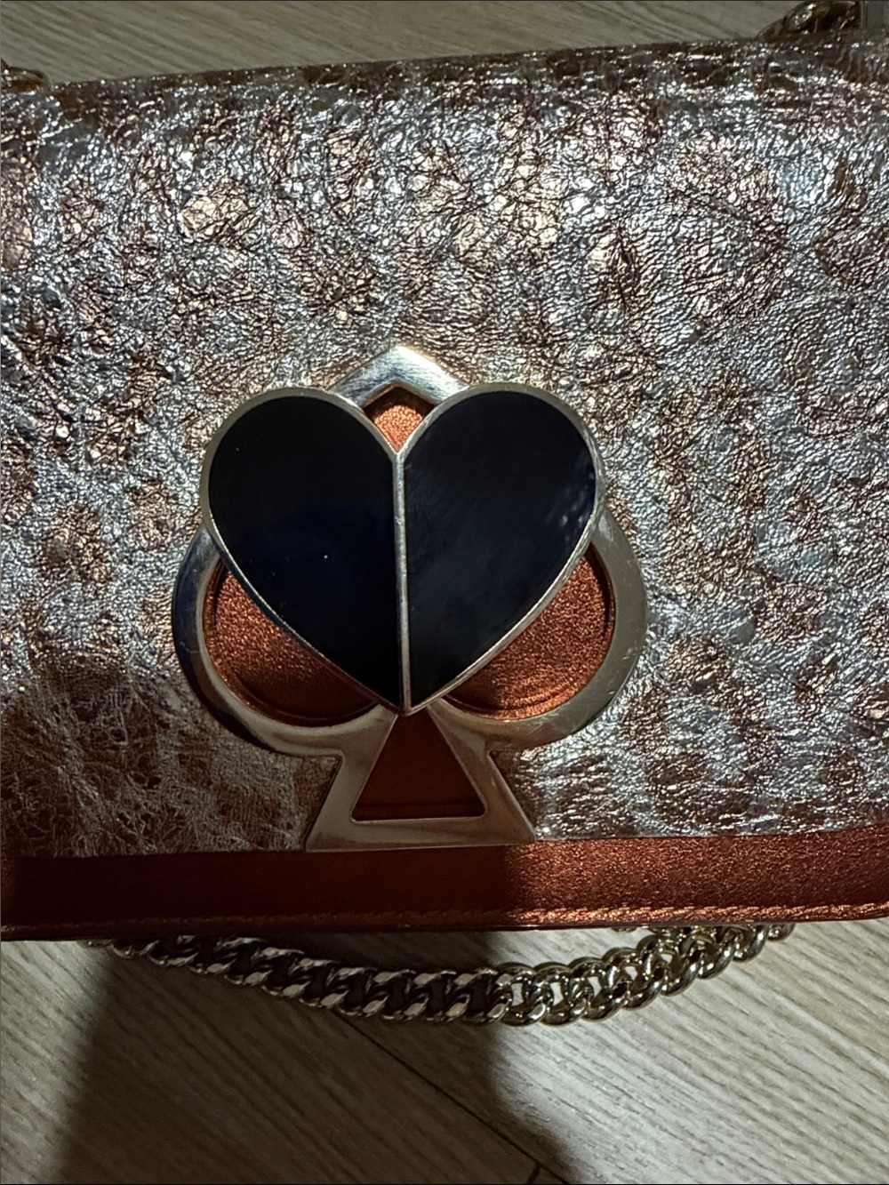 Kate Spade Metallic Runway/Collectible Silver, Rose Gold Heart-Accent Crossbody - Picture 2 of 15